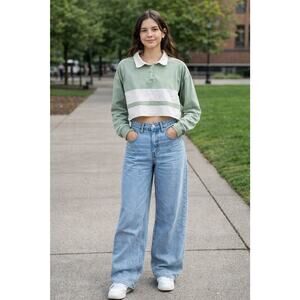 Womens 90's Y2K Green White Stripe Cropped Rugby Shirt Sz M Sporty Preppy Polo